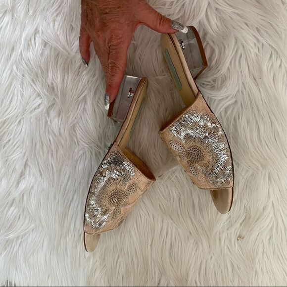 Betsy Johnson SR-Ryder blush sequins embroidered lucite block heel slides 7.5 - Picture 13 of 13